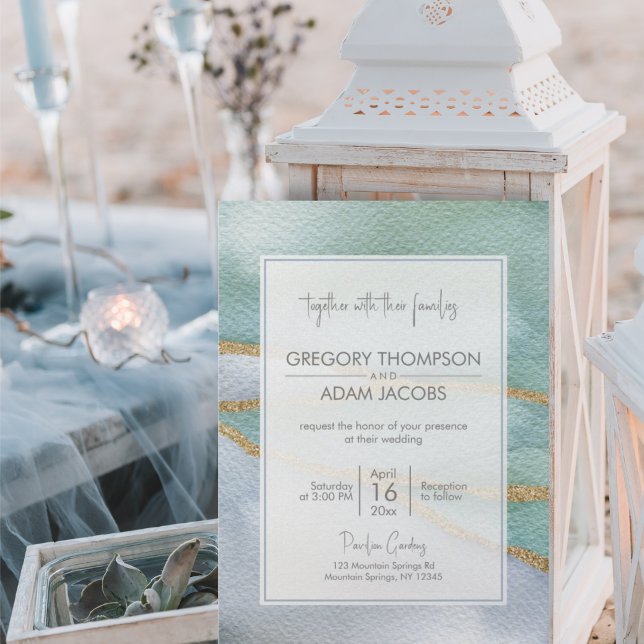 Modern Watercolor Guld Glitter faultline Bröllop Inbjudningar (Skapare uppladdad)