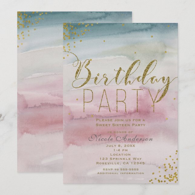 Modern Watercolor Guld Konfetti Födelsedagsfest Inbjudningar (Fram/baksida)
