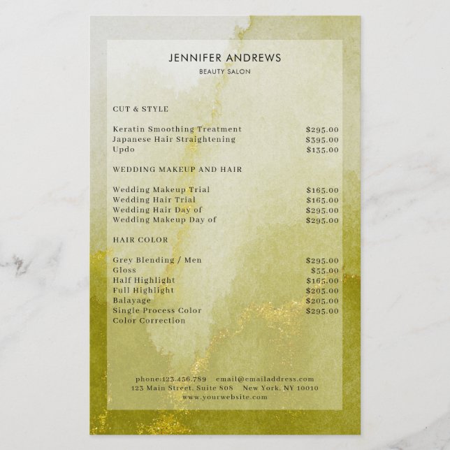 Modern Watercolor Guld Salon Pris List Flyer (Framsidan)