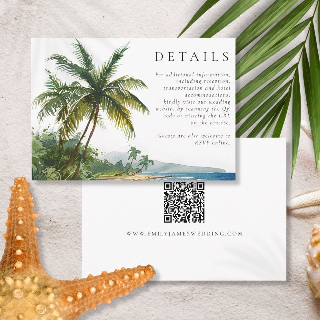 Modern Watercolor Handflatan Beach QR-kod Bröllop Tilläggskort (Modern Watercolor Palm Beach QR Code Wedding Enclosure Card)