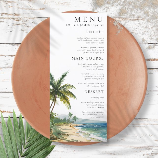 Modern Watercolor Handflatan Beach Wedding Meny (Modern Watercolor Palm Beach Wedding Menu)