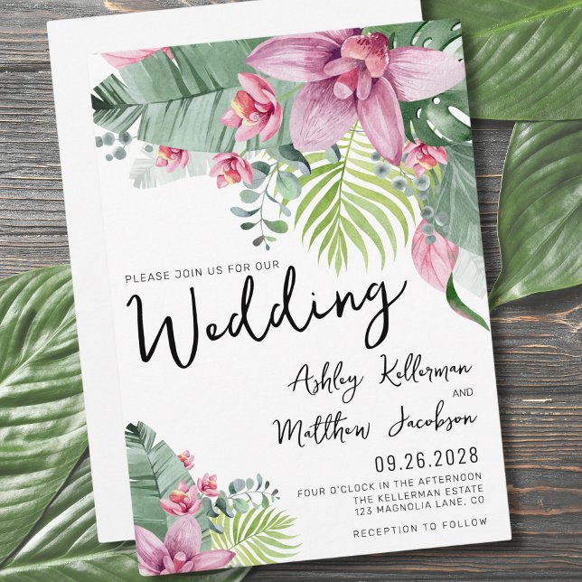 Modern Watercolor Handflatan Blommigt Tropical Brö Inbjudningar (Modern Floral Botanical Palm Tropical Wedding Invitation)