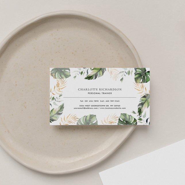 Modern Watercolor Handflatan Löv Visitkort (Palm Leaves Gold Foliage Modern Business Card)