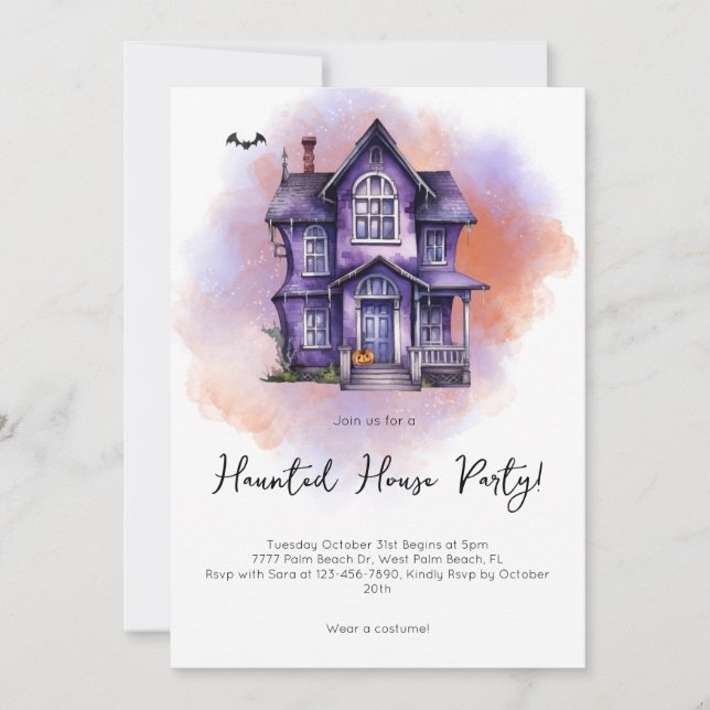 Modern Watercolor Haunted House Party Halloween Inbjudningar (Framsida)