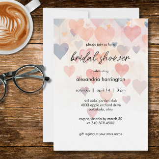 Modern Watercolor Hearts Bridal Shower Inbjudningar