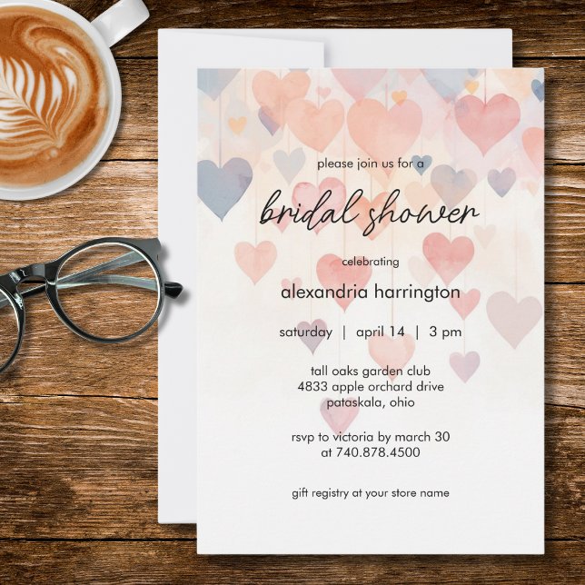 Modern Watercolor Hearts Bridal Shower Inbjudningar (Skapare uppladdad)