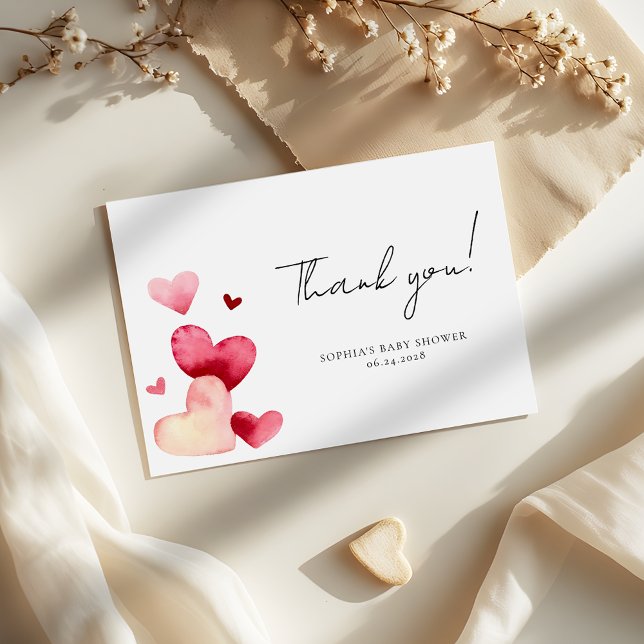 Modern Watercolor Hearts Romantic Baby Shower Tack Kort (Skapare uppladdad)