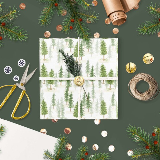 Modern Watercolor-Helgdag Grönt Träd Presentpapper (Mountains and forest green sage wrapping paper.)