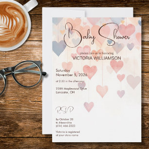 Modern Watercolor Hjärtan Baby Shower Inbjudningar