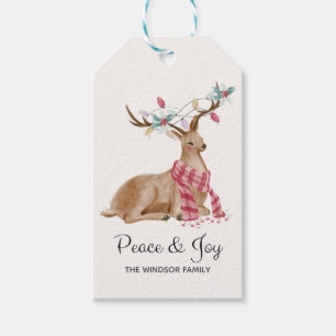 Modern Watercolor Hjort Peace and Joy Jul Presentetikett