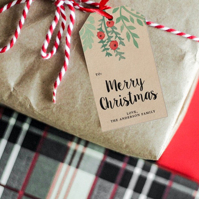 Modern Watercolor Holly God jul Presentetikett (Skapare uppladdad)