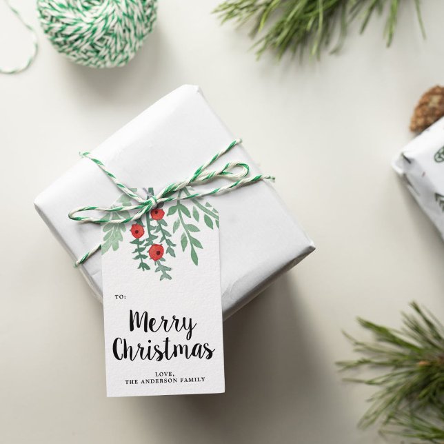 Modern Watercolor Holly God jul Presentetikett (Skapare uppladdad)