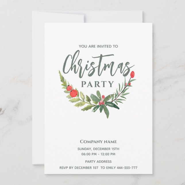 Modern Watercolor holly greenery jul party Inbjudningar (Framsida)
