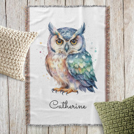 Modern Watercolor Horned Owl Personalized Filt