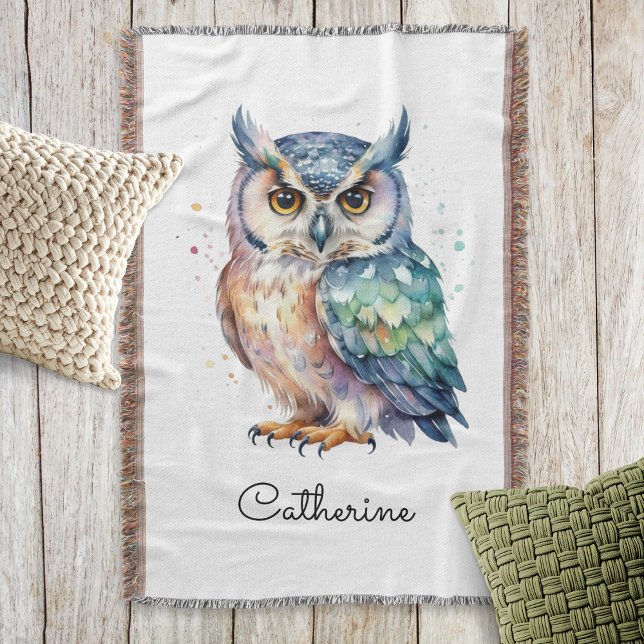 Modern Watercolor Horned Owl Personalized Filt (A throw blanket with picture of a horned owl in a watercolor style, personalized with a name)