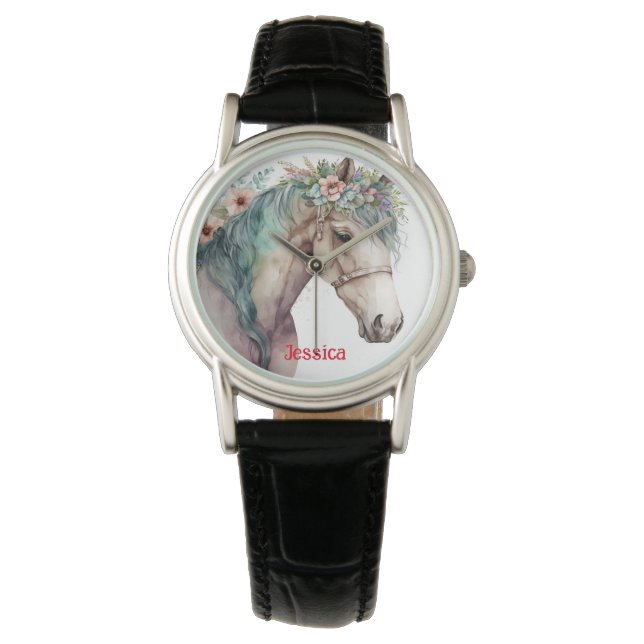 Modern Watercolor Horse and Flowers Namn Armbandsur (Framsida)