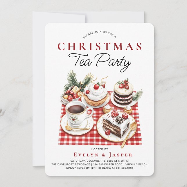 Modern Watercolor jul Tea Party Inbjudningar (Framsida)
