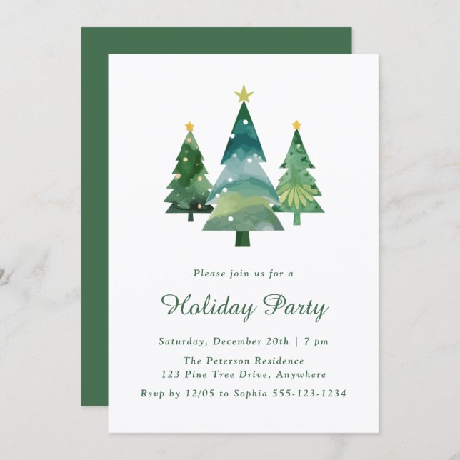 Modern Watercolor Julgran Julfest Inbjudningar (Fram/baksida)