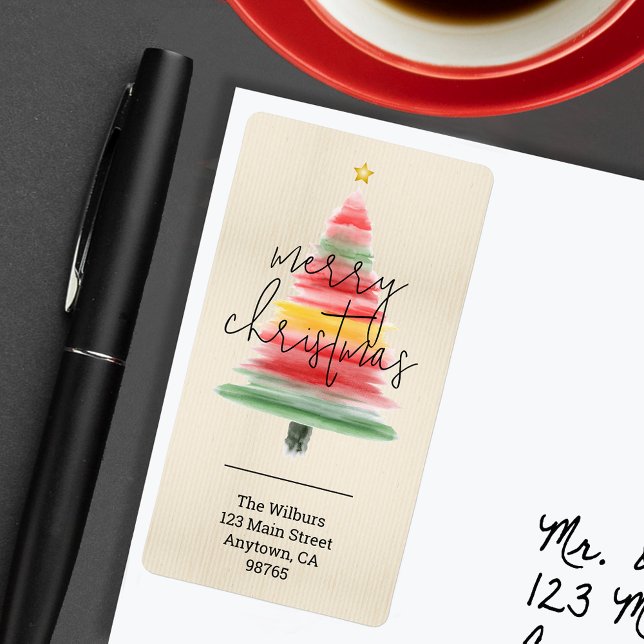 Modern Watercolor Julgran Returadress Fraktsedel (Modern watercolor striped Christmas tree return address labels)
