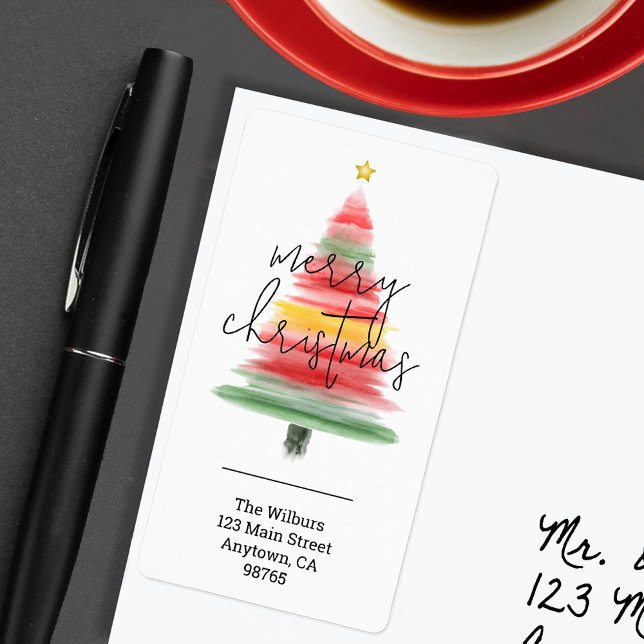 Modern Watercolor Julgran Returadress Fraktsedel (Modern watercolor striped Christmas tree return address labels)