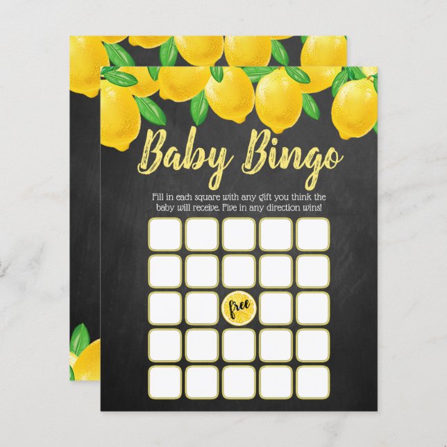 Modern Watercolor Lemon Träd Baby Shower Bingo (Fram/baksida)