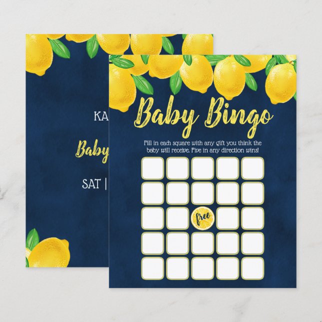 Modern Watercolor Lemon Träd Baby Shower Bingo (Fram/baksida)