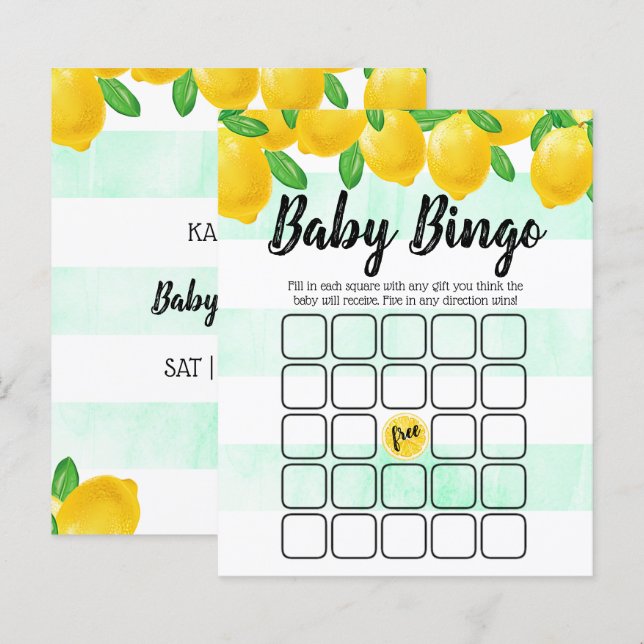 Modern Watercolor Lemon Träd Baby Shower Bingo (Fram/baksida)