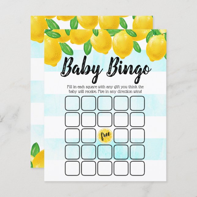 Modern Watercolor Lemon Träd Baby Shower Bingo (Fram/baksida)