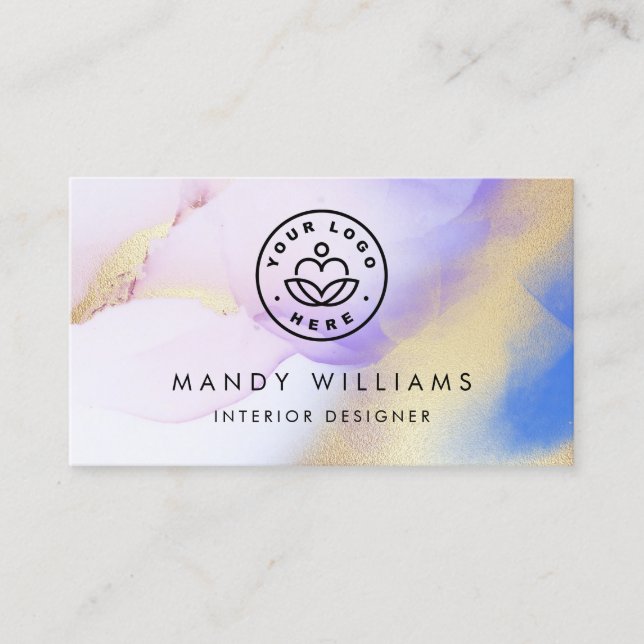 Modern Watercolor Lila Bläck Guld Abstrakt Marble Visitkort (Framsida)