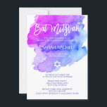 Modern Watercolor Lila Blue Star BAT MITZVAH Inbjudningar<br><div class="desc">Vackra religiösor judar Bat mitzvah inbjudningskort.  Lättfärgad pastellfärgad lila,  violett,  blå,  turkos med David stjärna i vitt.  Moderna penseldragskript brev. "Kallas till TORAH som Pub Mitzvah". Perfekt för 12-årig dotter. Enkel att redigera - lägg bara till information/text.</div>
