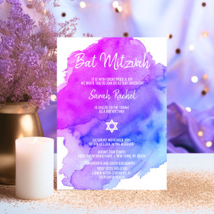 Modern Watercolor Lila Blue Star BAT MITZVAH Inbjudningar