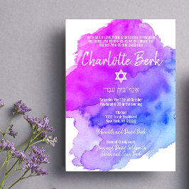 Modern Watercolor Lila Blue Star BAT MITZVAH Inbjudningar