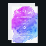 Modern Watercolor Lila Blue Star BAT MITZVAH Inv. Inbjudningar<br><div class="desc">Vackra religiösor judar Bat mitzvah inbjudningskort.  Lättfärgad pastellfärgad lila,  violett,  blå,  turkos med David stjärna i vitt.  Modern manus brev. "Kallas till TORAH som Pub Mitzvah". Perfekt för 12-årig dotter. Enkel att redigera - lägg bara till information/text.</div>