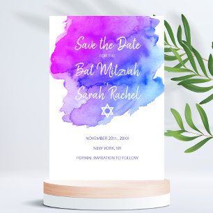Modern Watercolor Lila Blue Star BAT MITZVAH Spara Datumet