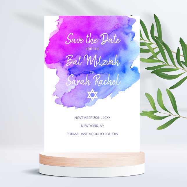 Modern Watercolor Lila Blue Star BAT MITZVAH Spara Datumet (Skapare uppladdad)