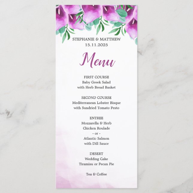 Modern Watercolor Lila Calla Lily Bröllop Menu Meny (Framsida)
