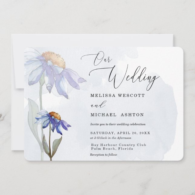 Modern Watercolor Lila Gerbera Daisy Bröllop Inbjudningar (Framsida)