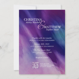 Modern Watercolor Lila Navy Blue Bröllop QR-kod Inbjudningar