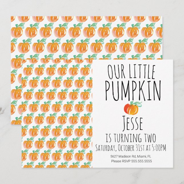 Modern Watercolor Little Halloween Pumpkin Inbjudningar (Fram/baksida)