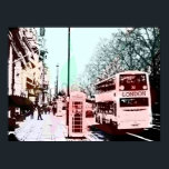 Modern Watercolor London Street Scene Pop Art Poster<br><div class="desc">En färgstark vattenfärg i coolan gör en anpassning av ett foto som skildrar en vanlig måndaglig gata i London England Förenade kungariket kompletterad med en mobil låda och dubbla decker buss. Färg är mjuka pastellskuggor av blått,  grönt,  orange,  gult,  rosa och rött.</div>