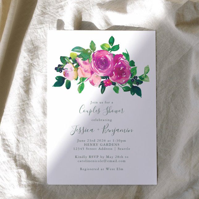 Modern Watercolor Magenta Blommigt  Par Shower Inbjudningar (Skapare uppladdad)