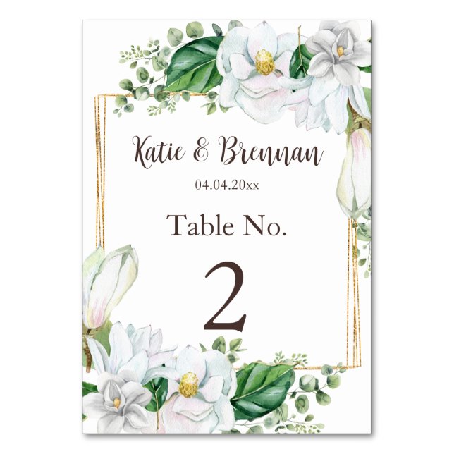 Modern Watercolor Magnolia Bröllop Bordsnummer (Framsidan)
