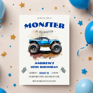 Modern Watercolor Monster Truck Blå Pojke Födelsed Inbjudningar