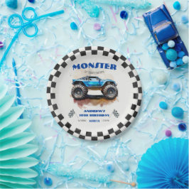 Modern Watercolor Monster Truck Blue Boy Birthday 