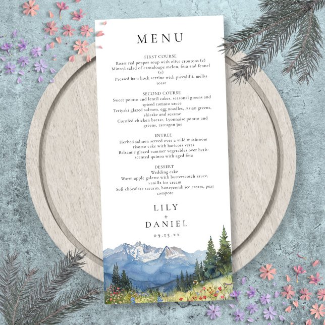 Modern Watercolor Mountain Wildblomma Bröllop Meny (Modern Watercolor Mountain Wildflower Wedding Menu)