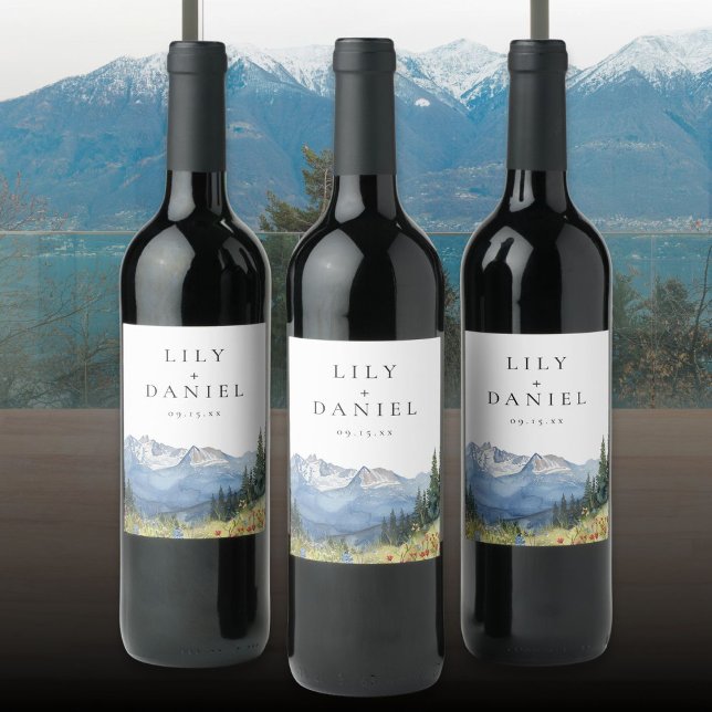 Modern Watercolor Mountain Wildblomma Bröllop Vinflaska Etikett (Modern Watercolor Mountain Wildflower Wedding Wine Label)