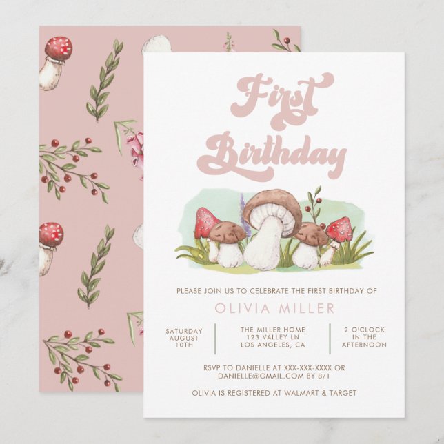 Modern Watercolor Mushroom Birthday Inbjudningar (Fram/baksida)