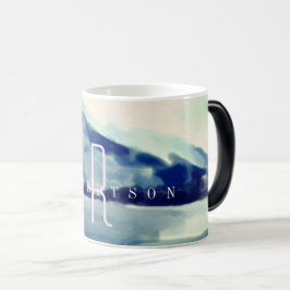 Modern Watercolor Navy Blue Mountain Monogram Magisk Mugg