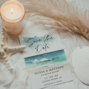 Modern Watercolor Ocean Beach Photo Save Date Reklamblad