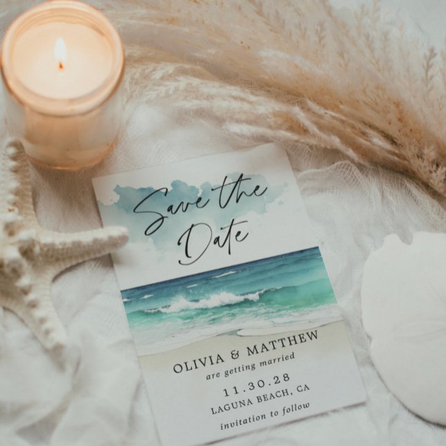 Modern Watercolor Ocean Beach Photo Save Date Reklamblad (Skapare uppladdad)